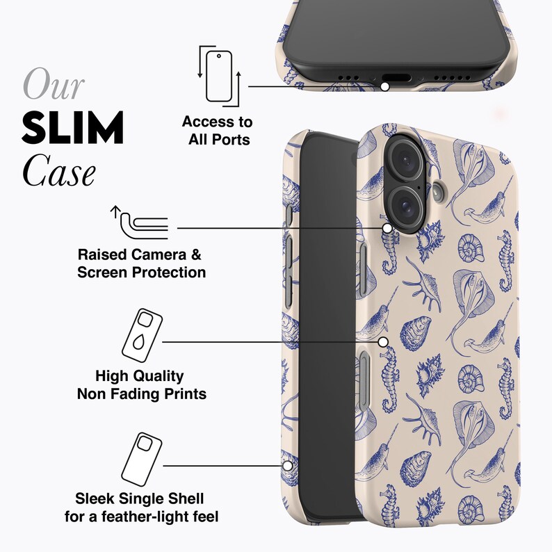 SEA CREATURES Blue Phone Case | For iPhone 16 Pro Max Case, iPhone 15 Pro Case, iPhone 14 Pro Case, MagSafe, Seashells, Seahorse, Case image 6