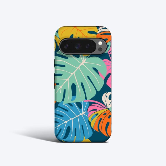 BRIGHT PALMS Phone Case, For Pixel 9 Pro Case, Pixel 8a Case, Pixel 7 Case, Pixel 6 Case, Pixel 5 Case, Large Tropical Leaves, Colourful