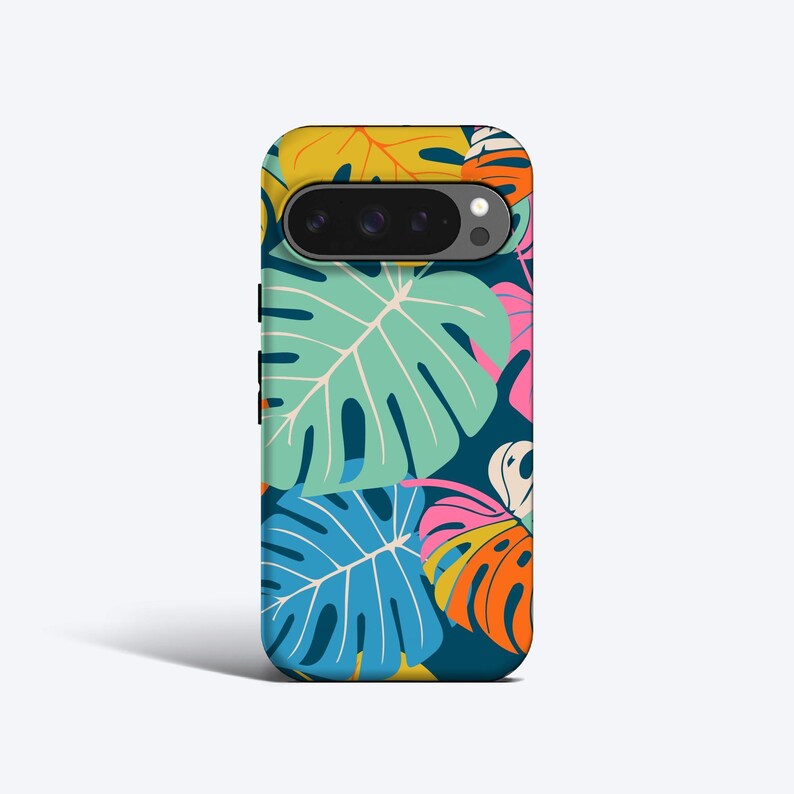 BRIGHT PALMS Phone Case, For Pixel 9 Pro Case, Pixel 8a Case, Pixel 7 Case, Pixel 6 Case, Pixel 5 Case, Large Tropical Leaves, Colourful image 1