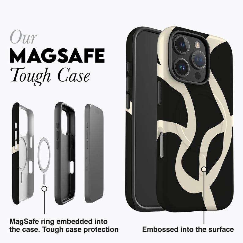 BOHO LINES BLACK Phone Case For iPhone 16 Pro Case, iPhone 15 Case, iPhone 14 Pro Max Case, iPhone 12 Case, MagSafe, Abstract Lines, Matisse image 5