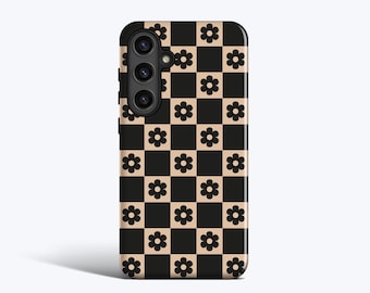Rutigt Daisy-skal i svart - För Galaxy S26, S25, S24, S23, S22, S21, S20, Magnetiskt alternativ