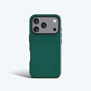 May include: A dark green phone case with a black border and camera module. The case has a smooth, solid colour design with a cutout for the phone's camera lenses and flash. The case is designed to protect the phone from damage.