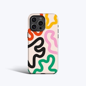 May include: A phone case with a cream background and a colorful abstract design. The design features wavy lines in black, red, yellow, pink, and green. The case has a camera cutout and buttons.