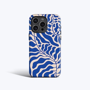ABSTRACT LEAVES BLUE Phone Case | Matisse-Inspired in Blue, For iPhone 16 Pro Max, 16e, 15 Plus, 14 Pro, 13 mini, 12, 11, MagSafe Option