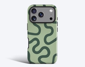 May include: A smartphone case featuring a light sage green background with a pattern of dark forest green wavy, continuous lines. The case has a rectangular camera cutout at the top, revealing a triple-lens camera system and a flash.