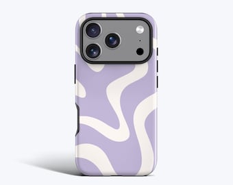 May include: A smartphone case featuring a light purple background with a repeating pattern of thick, wavy white lines. The case has a rectangular cutout at the top for a triple-lens camera system and a flash, with black edges visible on the sides.