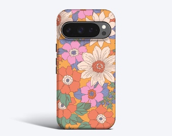 Cover per telefono arancione con fiori retrò - Per Pixel 10, 9, 8, 7, 6 - Chiusura magnetica