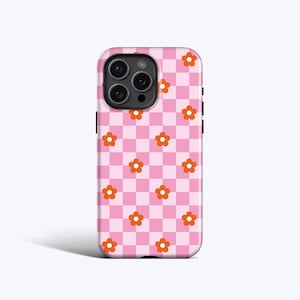 CHECK AND FLOWERS Case | For iPhone 15 Case, iPhone 14 Case, iPhone 11 Case, More Models, Checkered Pattern, Retro, Pink, Trending