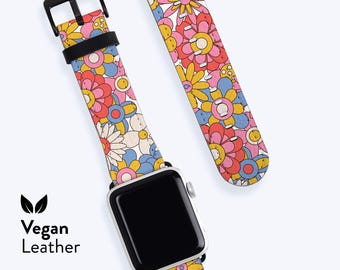 Pulseira de relógio Groovy Retro com estampa floral - Compatível com Apple Series 1, 2, 3, 4, 5, 6, 7, 8, 9, 10 e 11. Feita em couro vegano.