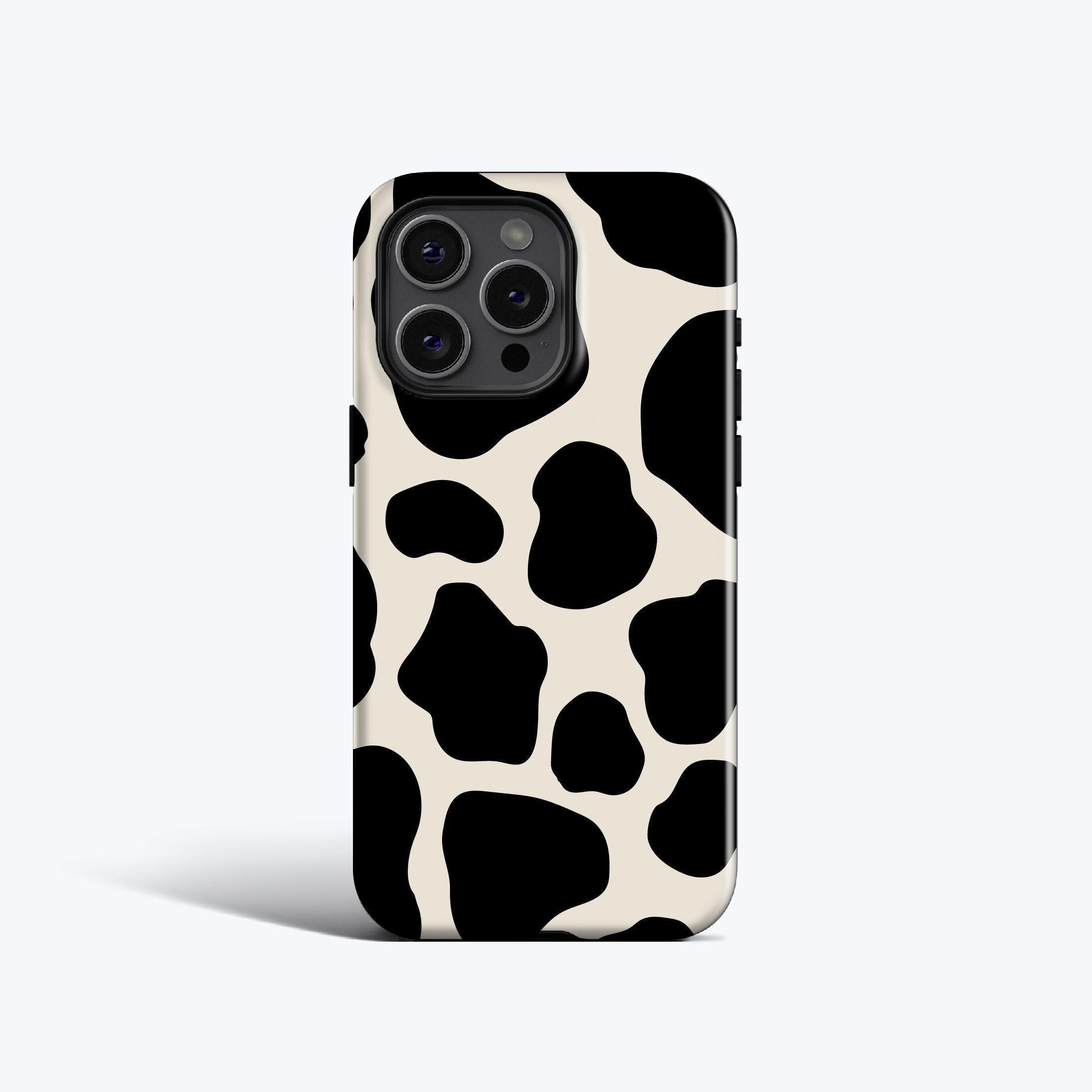 Coque pour portable IMPRIMÉ VACHE | Motif vache moderne beige et noir, pour iPhone 16, 16e, 15, 14, 13, 12, 11, option MagSafe