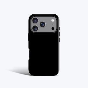 May include: Black phone case with a camera module cutout. The case has a matte finish and a sleek design. The camera module is silver and has three lenses and a flash.