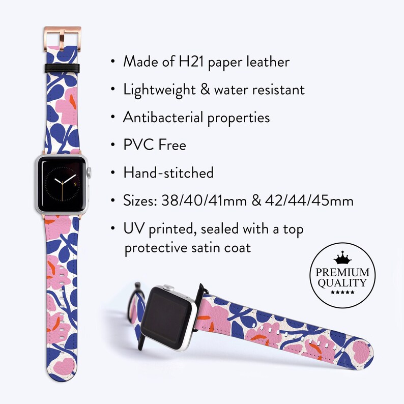 BLUE FLORAL Watch Strap - For Apple Series 1, 2, 3, 4, 5, 6, 7, 8, 9, 10, 11 SE Vegan Leather Band image 3