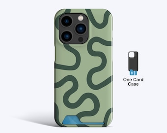 May include: A green iPhone case with a dark green, wavy pattern. The case has a built-in card holder with a blue interior. The image also shows a small graphic of a black phone case with a blue card.