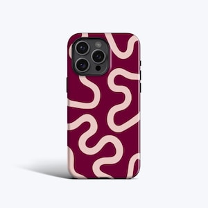 ORGANIC LINES BURGUNDY | Impression minimale ondulée en rouge, pour iPhone 16 Pro Max, 16e, 15 Plus, 14 Pro, 13, 12 Mini, 11, option MagSafe