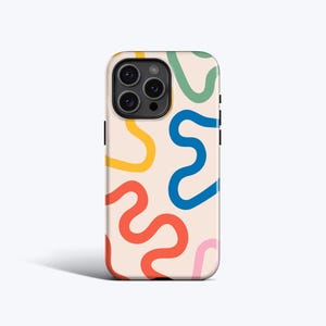 May include: A phone case with a white background and colorful abstract lines in red, blue, yellow, green, and pink.
