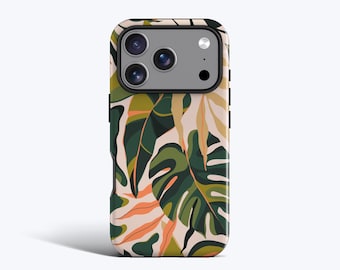 Könnte beinhalten: Eine Smartphone-Hülle mit einem grafischen Muster aus überlappenden tropischen Blättern in Dunkelgrün, Oliv und hellem Pfirsich auf cremefarbenem Hintergrund. Die Hülle hat einen rechteckigen Kameraausschnitt mit einem schwarzen Rand.