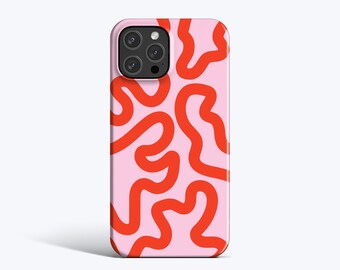 LIGNES ROUGES FUNKY | Pour coque iPhone 15 Pro, coque iPhone 13 Pro, coque iPhone 12, coque iPhone 11, autres modèles, lignes ondulées, abstrait, bio