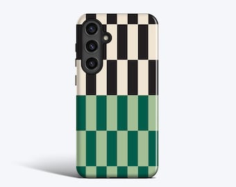 May include: A rectangular smartphone case featuring a geometric pattern. The top half displays alternating vertical black and cream rectangles, while the bottom half features alternating vertical dark green and light green rectangles.