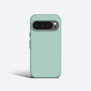 May include: A mint green phone case with a rounded rectangular shape. The case has a camera cutout with a black lens array and a silver-colored accent. The phone case has black buttons on the side.