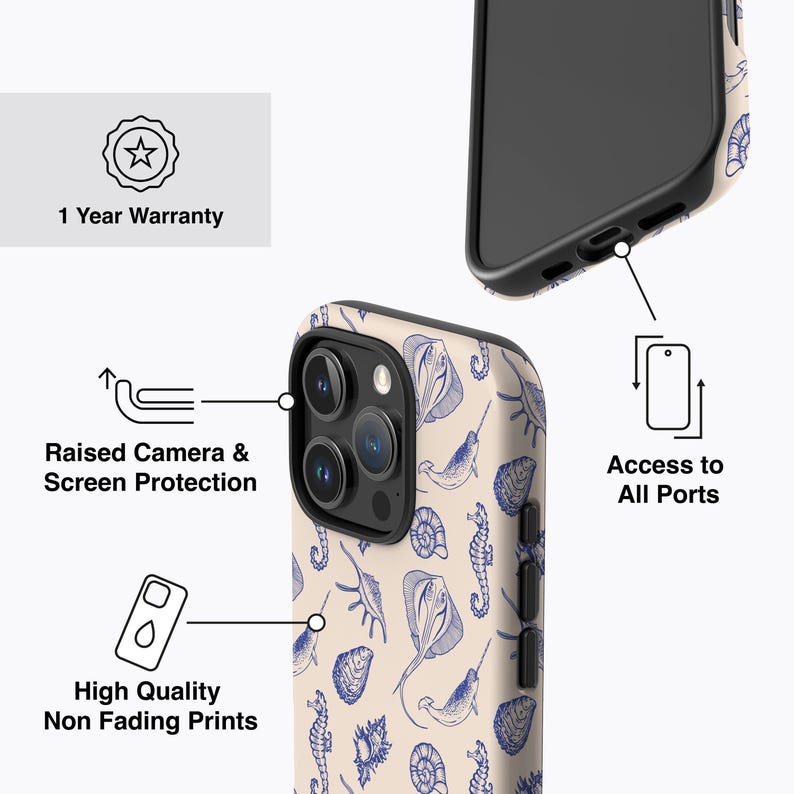 SEA CREATURES Blue Phone Case | For iPhone 16 Pro Max Case, iPhone 15 Pro Case, iPhone 14 Pro Case, MagSafe, Seashells, Seahorse, Case image 4