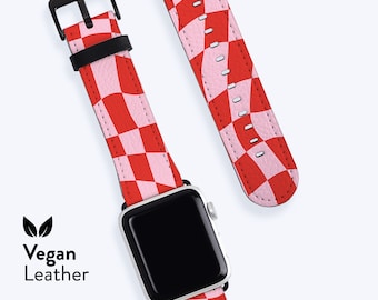 Bracelet de montre rouge WAVY CHECK | Pour Apple Band, Bracelet en cuir végétalien H21, Disponible pour Apple Watch séries 1, 2, 3, 4, 5, 6, 7, 8, 9, SE