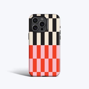 LONG CHECKERED Phone Case | Red Cream Check, MagSafe Option - For iPhone 16e, 16 Pro Max, 15 Plus, 14 Pro, 13, 12 Mini, 11 and more