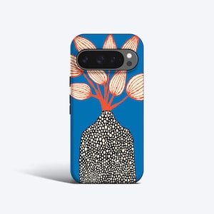 Könnte beinhalten: Eine blaue Handyhülle mit einem schwarz-weißen Muster und einem rot-weißen Blumendesign.