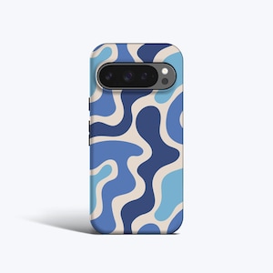 May include: A phone case with a blue and beige abstract wavy pattern. The case has a camera cutout and buttons on the side. The design features shades of blue and a light beige color.