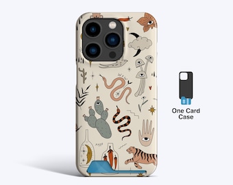 May include: A phone case with a cream background featuring a repeating pattern of whimsical illustrations. The design includes a snake, cactus, mushrooms, a tiger, and the text "xoxo". The case has a blue card holder.