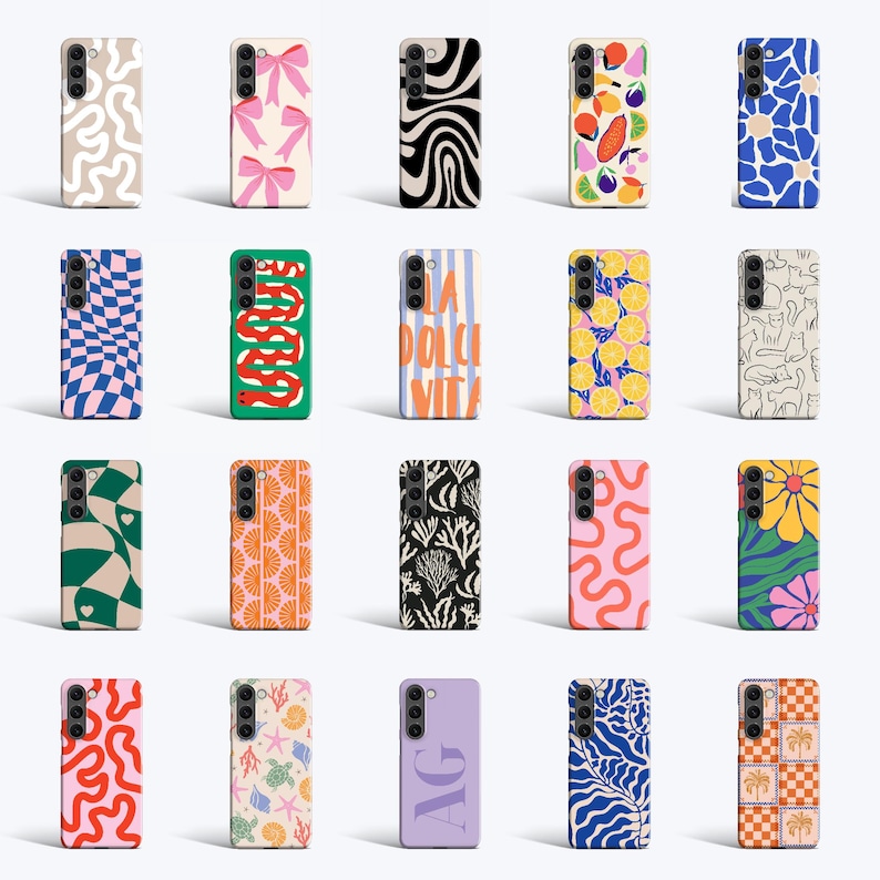 a bunch of cell phones with different designs on them