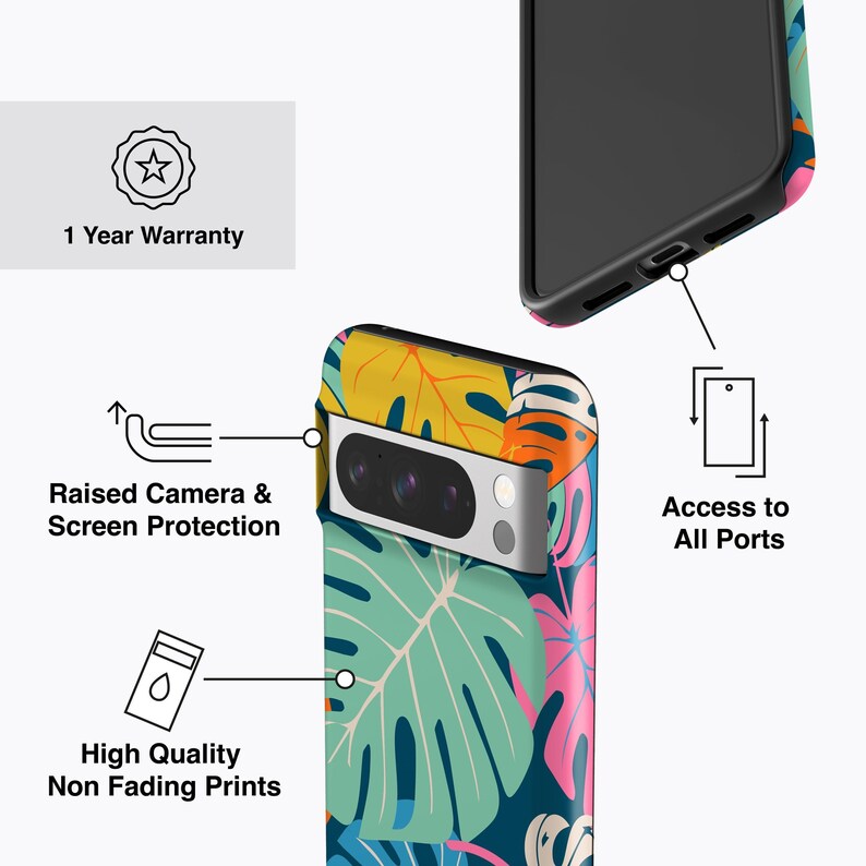 BRIGHT PALMS Phone Case, For Pixel 9 Pro Case, Pixel 8a Case, Pixel 7 Case, Pixel 6 Case, Pixel 5 Case, Large Tropical Leaves, Colourful image 4