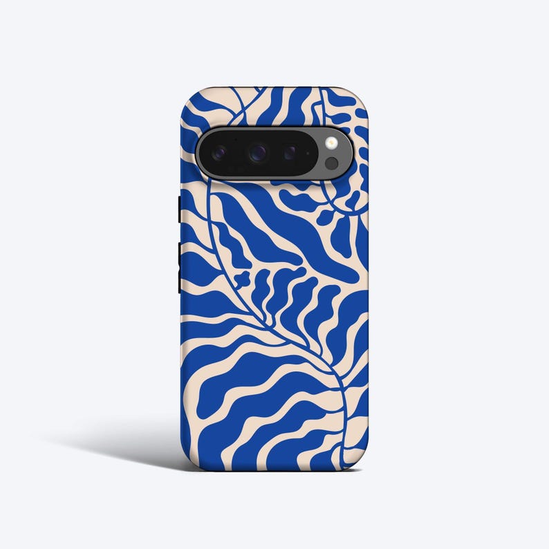 a phone case with a blue and white zebra-like pattern.