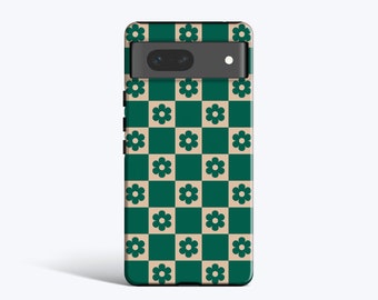 CHECKERED DAISY Green Case | For Pixel 8 Case, Pixel 7 Case, Pixel 6 Pro Case, Pixel 5 Case, More Models, Retro, Checkered Flowers