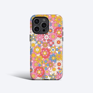 GROOVY RETRO FLOWERS Phone Case | 60s Style Floral Design, For iPhone 16 Pro Max, 16e, 15 Plus, 14 Pro, 13, 12 Mini, 11, MagSafe Option