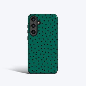 GROEN HARTEN-hoesje | Voor Galaxy S25 Ultra, S24 Plus, S23 fe, S22, S21, S20 fe, meer modellen, patroon met kleine zwarte harten