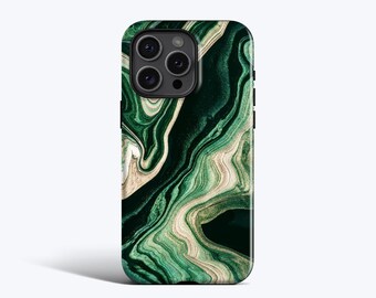 May include: A smartphone case featuring a swirling marble-like pattern in shades of deep forest green, emerald, and cream. The design includes fluid, organic lines that mimic natural stone textures, covering the entire back of the rectangular case.