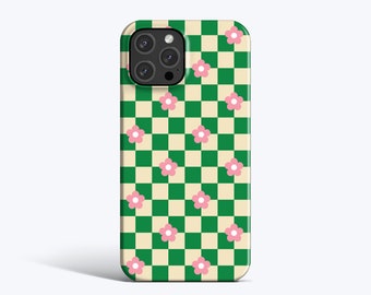 CHECK AND FLOWERS Case | For iPhone 15 Case, iPhone 12 Case, iPhone 11 Case, More Models Available, Checkered Pattern, Retro, Green and Pink