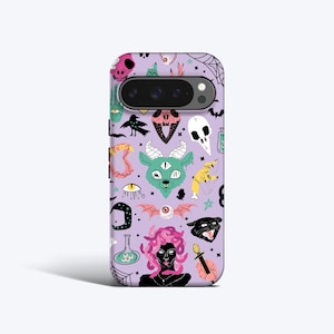 May include: A lavender phone case featuring a repeating pattern of spooky illustrations. The design includes skulls, bats, Medusa, and other mystical symbols in various colors. The phone case has a camera cutout.