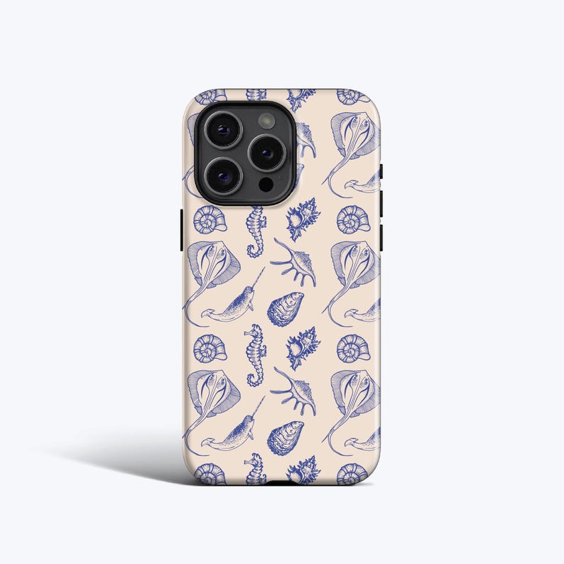 SEA CREATURES Blue Phone Case | For iPhone 16 Pro Max Case, iPhone 15 Pro Case, iPhone 14 Pro Case, MagSafe, Seashells, Seahorse, Case image 1