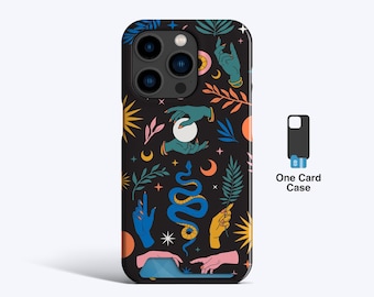 May include: Black phone case with a colorful celestial design. The case features illustrations of hands, a snake, crescent moons, stars, and sunbursts. The words "One Card Case" are printed on the side.