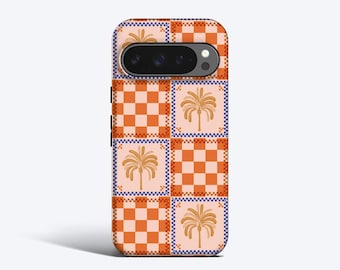 Orange Checkered Palms Phone Case - For Pixel 10, 9, 8, 7, 6 Magnetic Option