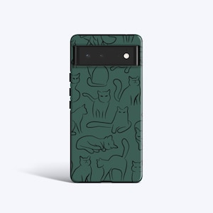 HAND DRAWN CATS Case | For Pixel 8 Case, Pixel 7 Case, Pixel 6 Pro Case, Pixel 5 Case, All Models Available, Cat Case, Hand drawn, Green