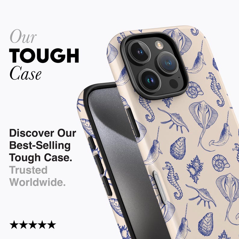 SEA CREATURES Blue Phone Case | For iPhone 16 Pro Max Case, iPhone 15 Pro Case, iPhone 14 Pro Case, MagSafe, Seashells, Seahorse, Case image 2