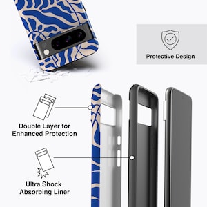 The image is a collage of three images: a close-up of a phone case with a blue and white pattern, a close-up of a phone case without a pattern, and a close-up of a phone case with a protective design.