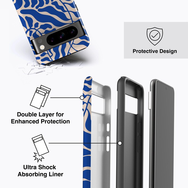 The image is a collage of three images: a close-up of a phone case with a blue and white pattern, a close-up of a phone case without a pattern, and a close-up of a phone case with a protective design.