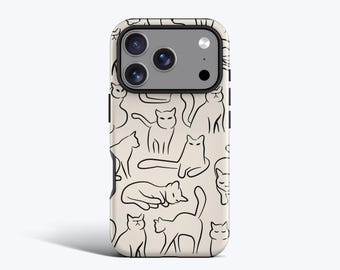 May include: A smartphone case featuring a beige background with a repeating pattern of black line-art cat illustrations in various poses. The case includes a rectangular cutout at the top for a multi-lens camera system and flash module.