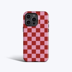 Étui pour portable en damier de fruits rouges | Carreaux rouge cerise, pour iPhone 16 Pro Max, 16e, 15 Plus, 14 Pro, 13 mini, 12, 11, option MagSafe
