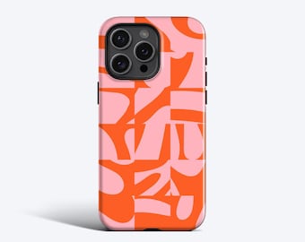 May include: A smartphone case featuring a repeating geometric pattern of bold orange and light pink abstract shapes. The design covers the entire back of the case, which includes a cutout for a triple-lens camera system on the upper left side.