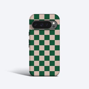 May include: A phone case featuring a green and beige chequered design. The case has a camera aperture and a smooth finish. The pattern is a repeating grid of green and beige squares.