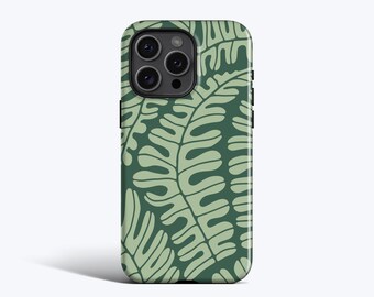 May include: A smartphone case featuring a dark forest green background with a repeating pattern of light sage green fern leaves. The case has a rectangular cutout in the upper left corner for a triple camera system and black side buttons.